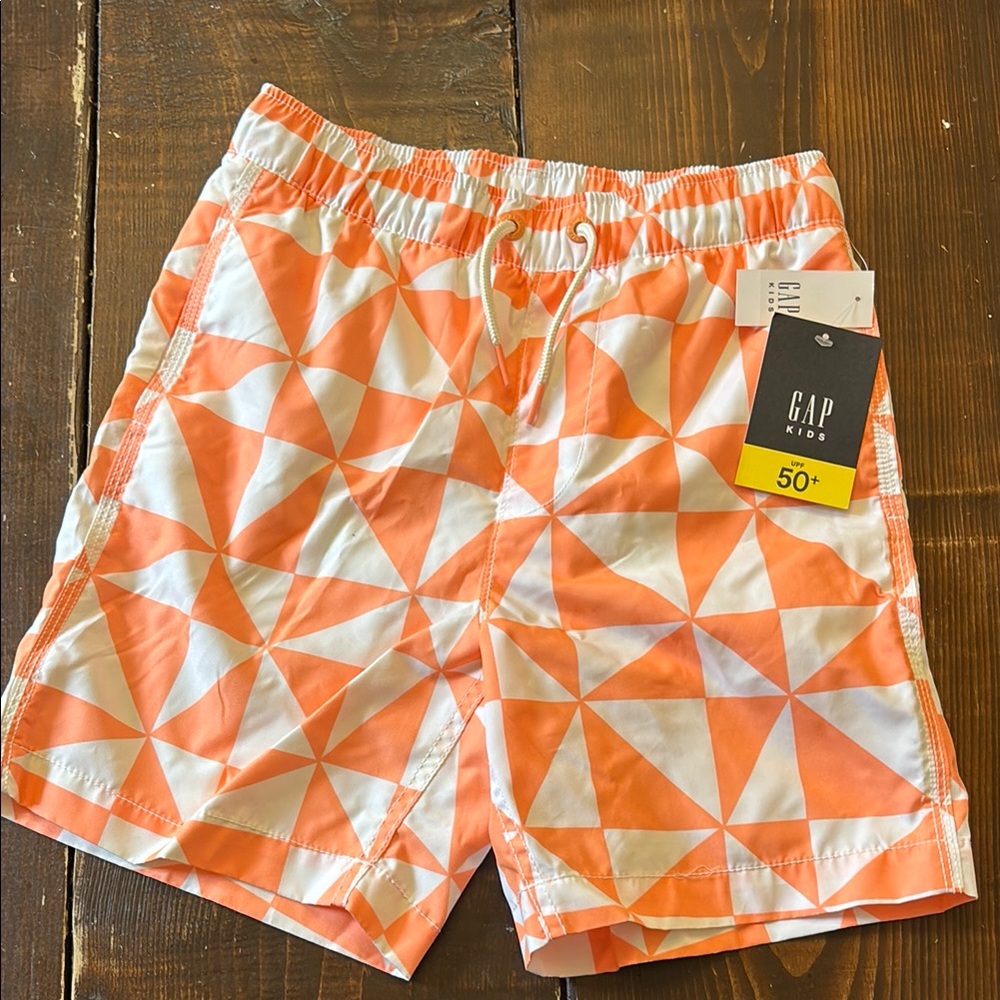 Orange and White Geometric Swim Shorts